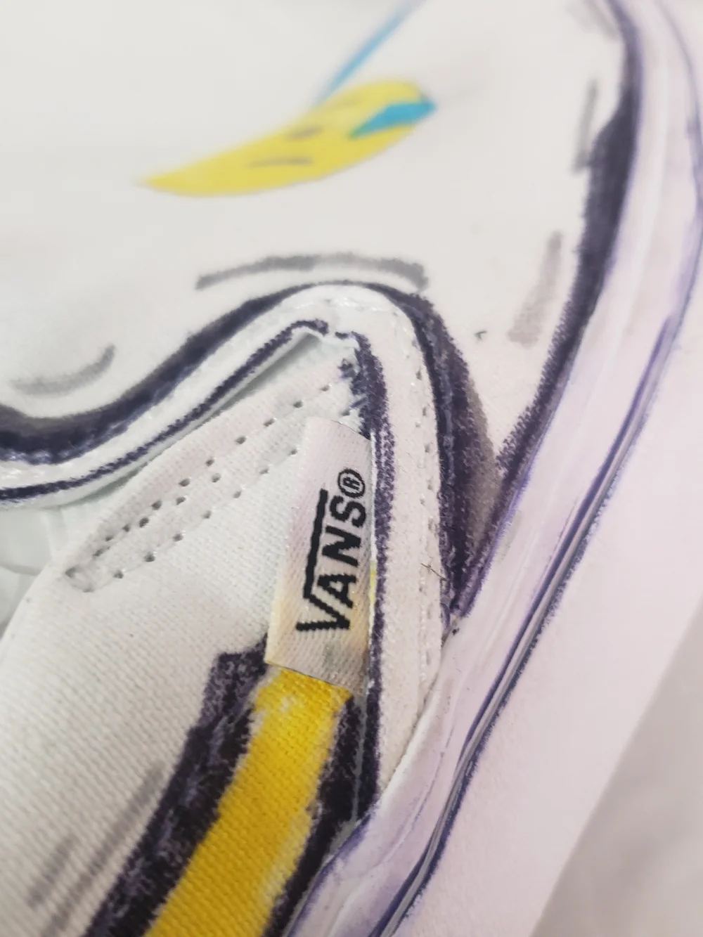 Vans Kids White Slip-On Sneakers with Yellow Sad Emoji and Blue Accents Sz: 3.5